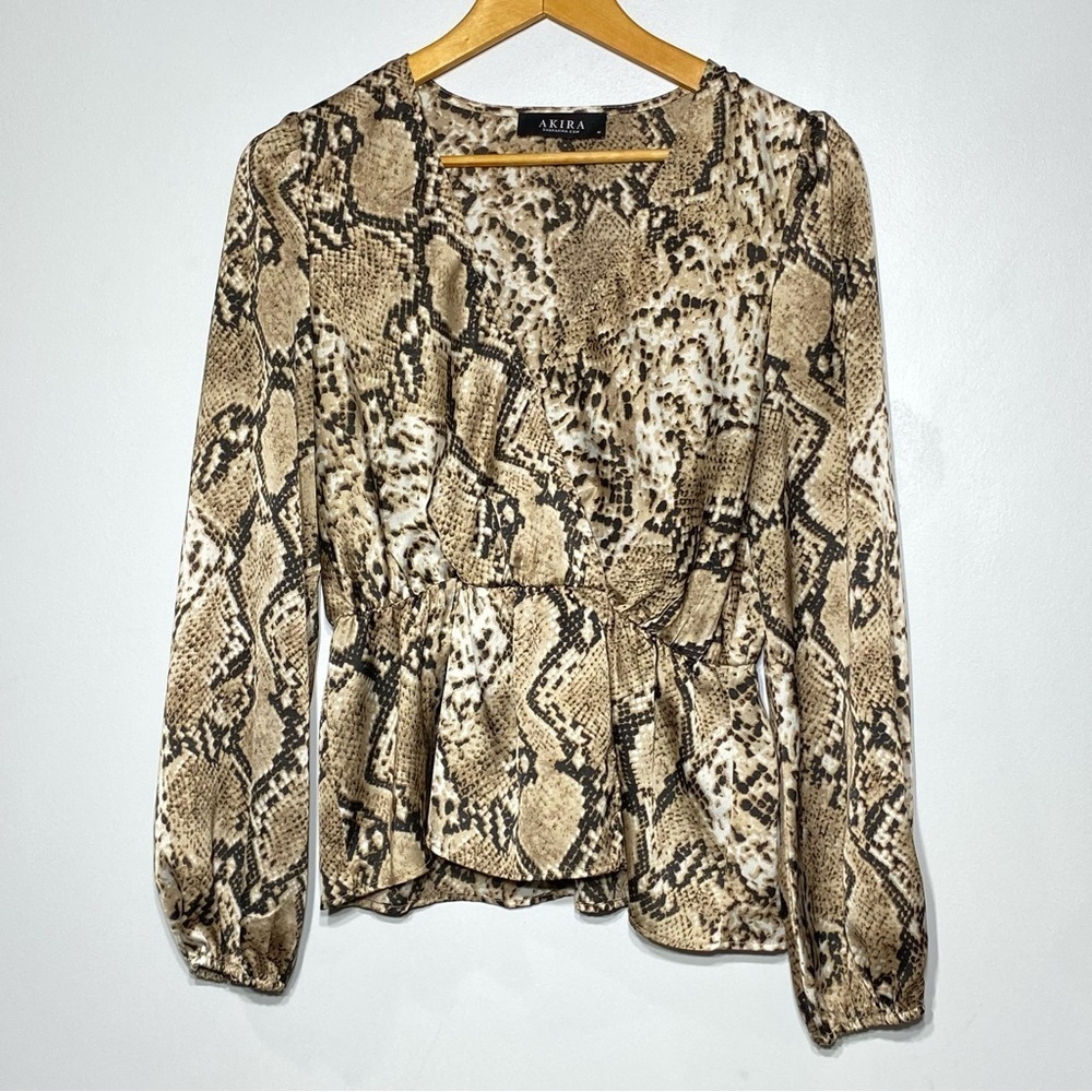 AKIRA Snakeskin Print Blouse Women's M V-Neck Long Puff Sleeve Cinched Waist